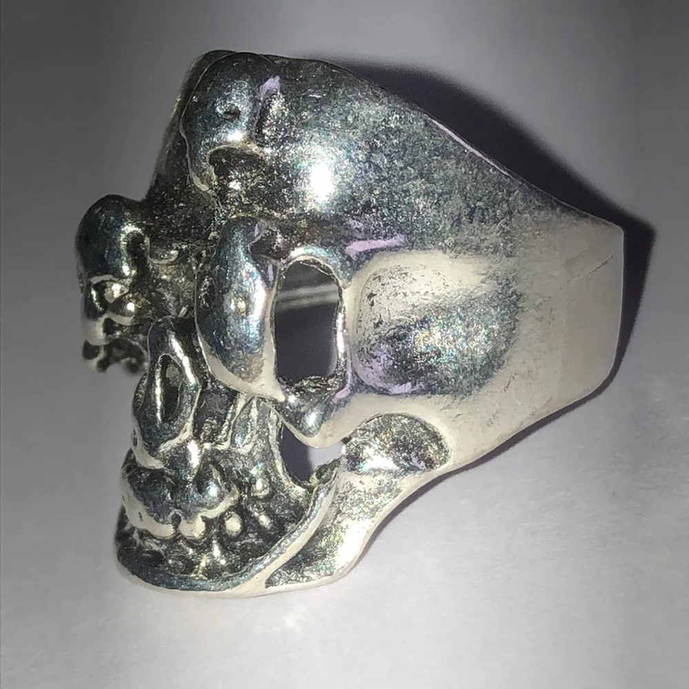 Size 8 Silver Tone Mens Skull Biker Bikercore Ring